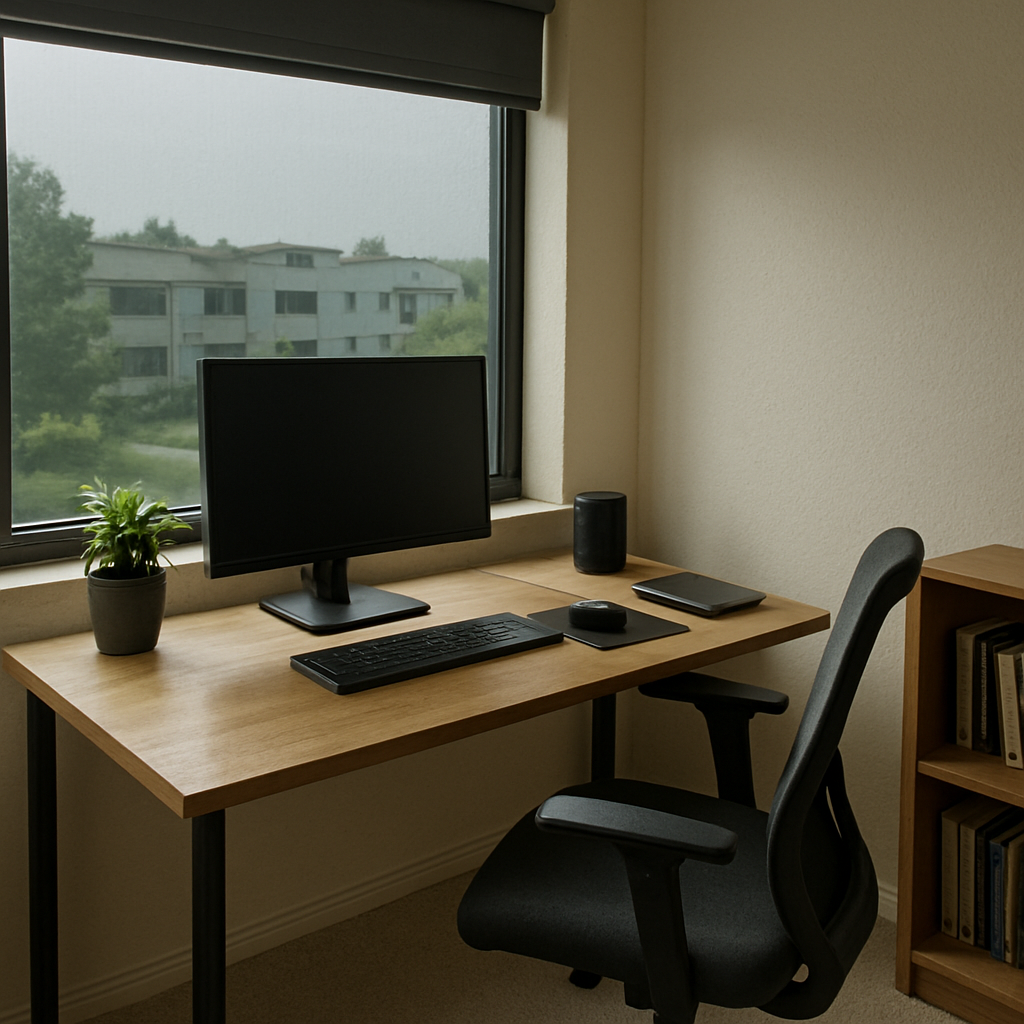 Home office with reduced glare from tinted windows