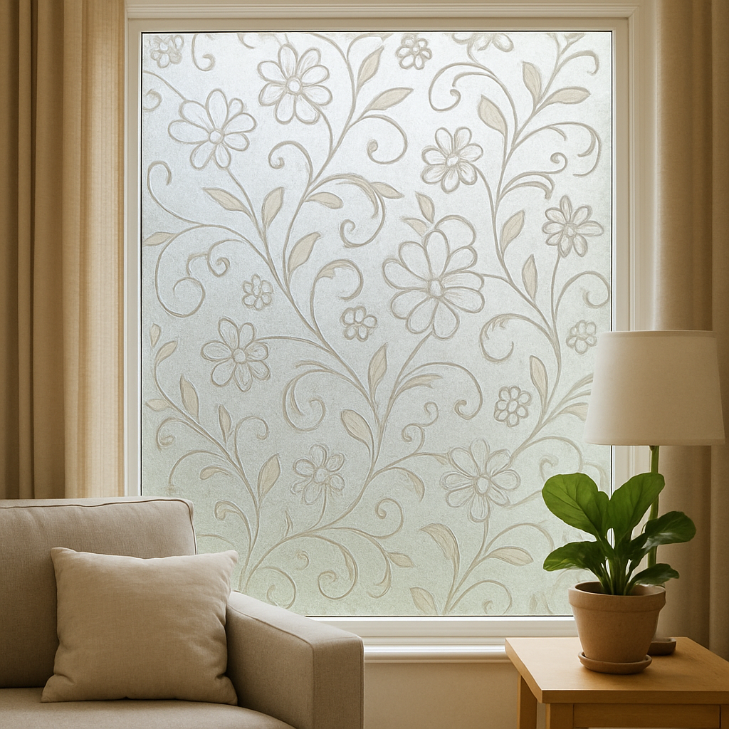 Decorative frosted window film in a living room