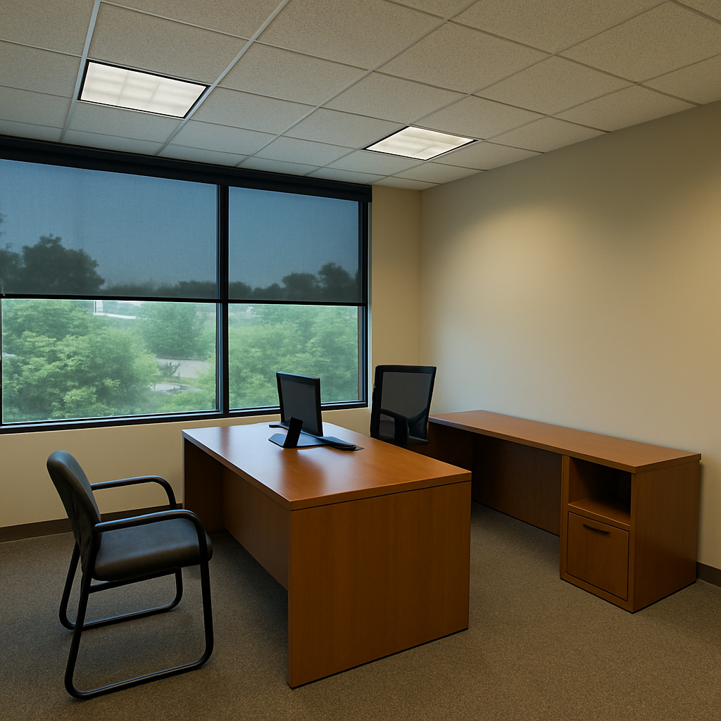 Office space with reduced glare due to window tinting