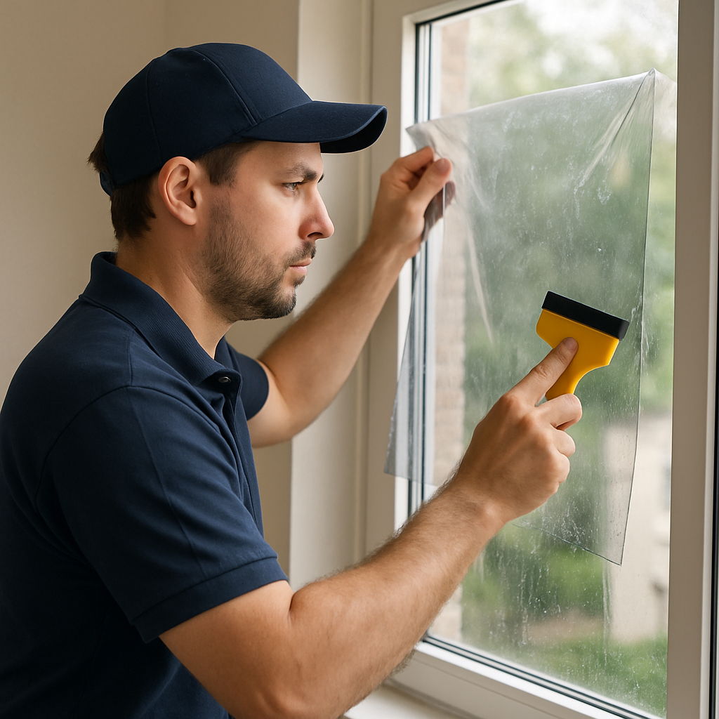 Professional window film installer working on a window