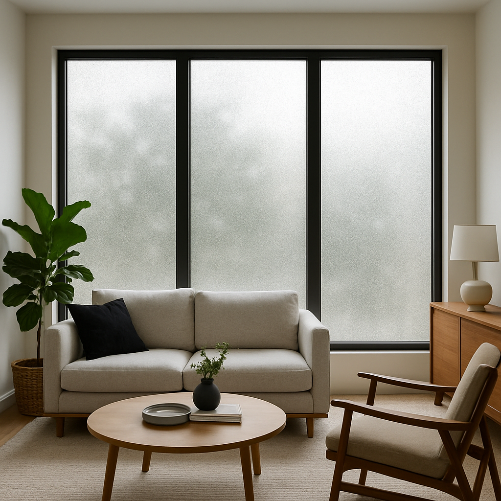 A modern living room with large windows covered with privacy window film