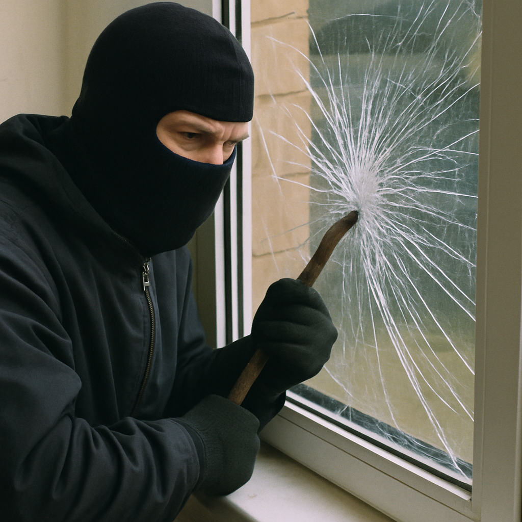 Intruder attempting to break a window with film
