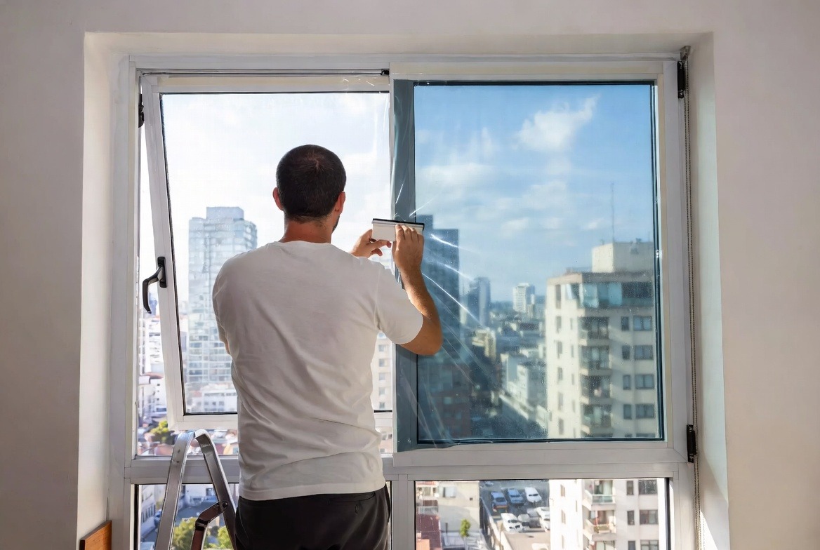 person-install-window-film-on-glass
