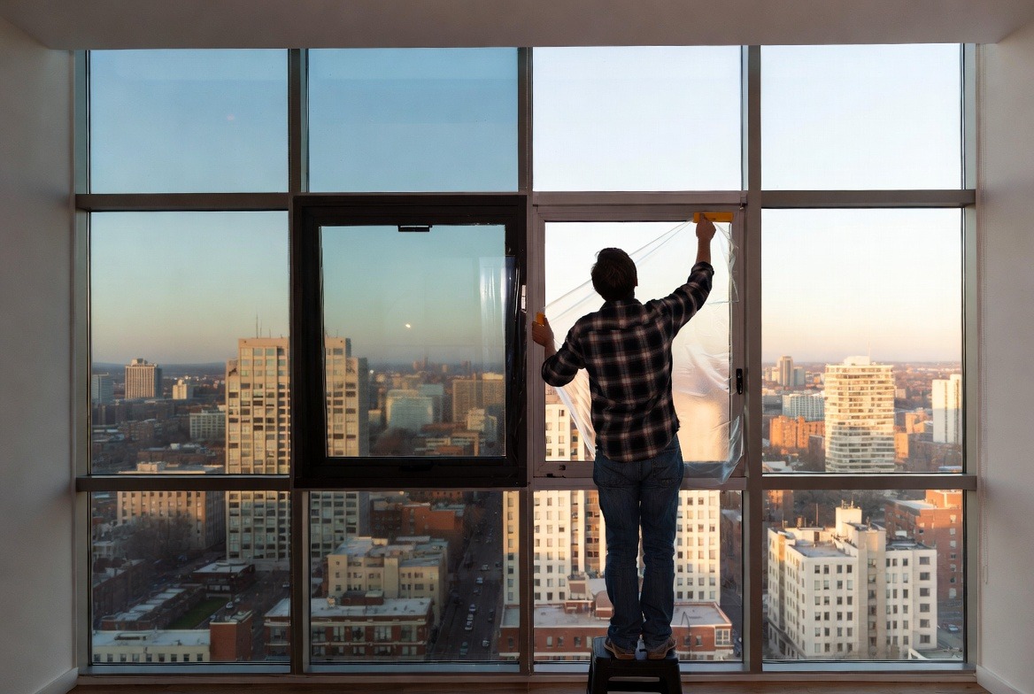 person-install-window-film-on-glass