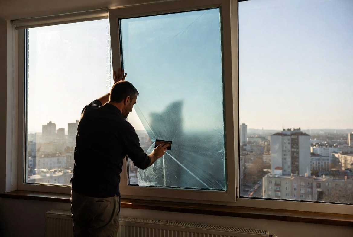 person-install-window-film-on-glass-with-city-view